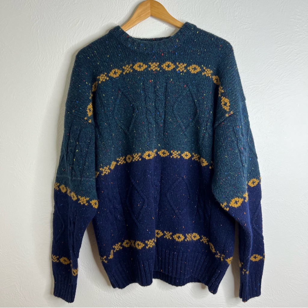 Vintage Wool Eddie Bauer Blue And Green Crewneck Sweater With Color-Block Sz L